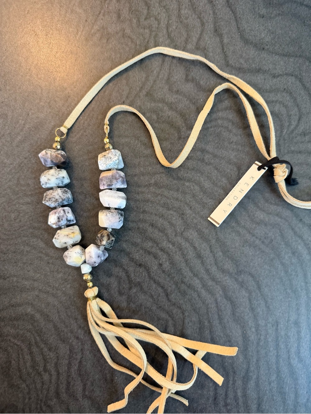 Beige Suede Tassel Necklace with Multicolor Stone Beads